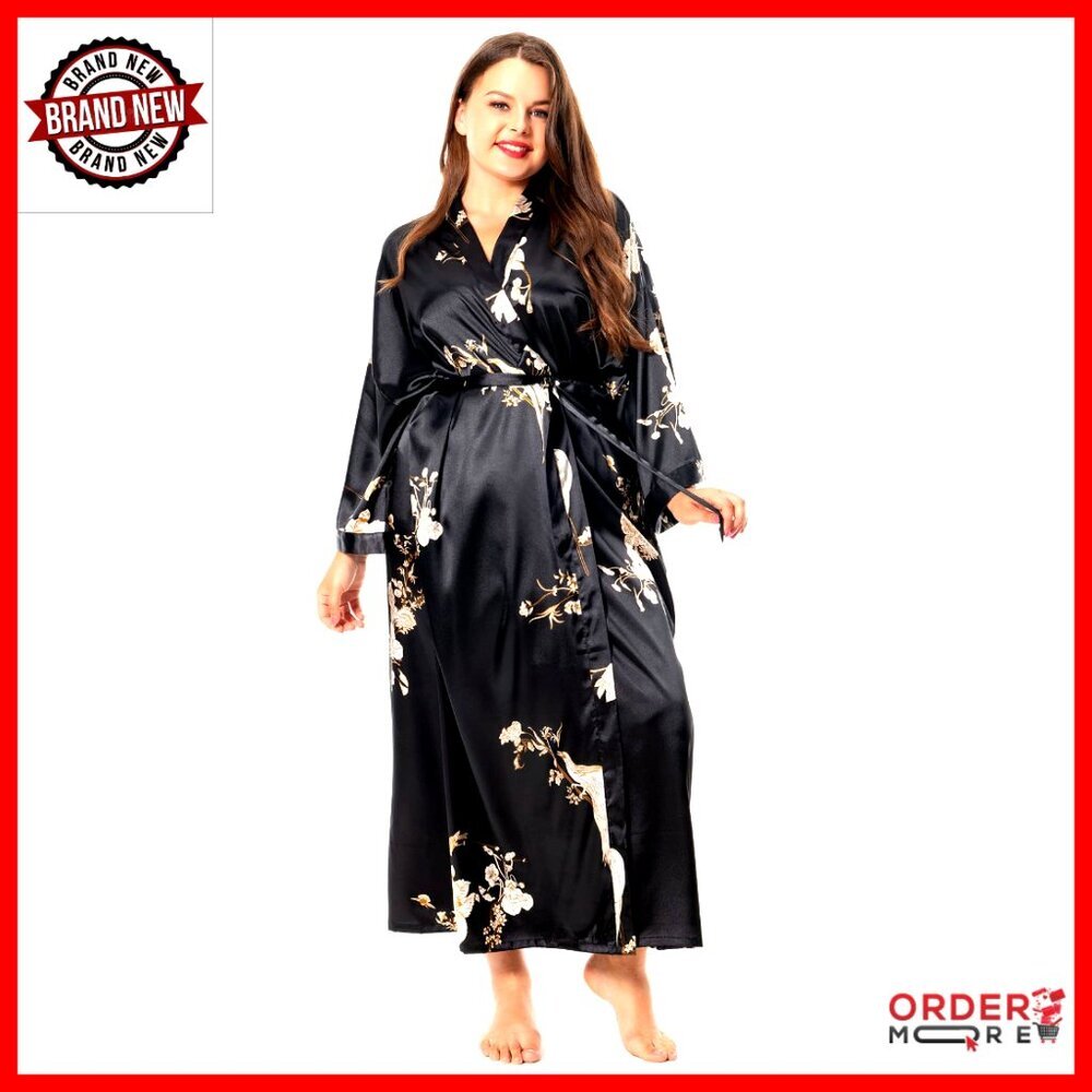 Plus Size Long Satin Robe Elegant Kimono Sleepwear Lounge Wear with Pockets